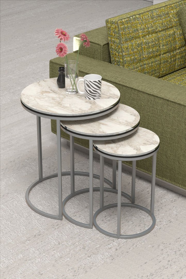 C 3-Piece Round Nesting Table Set - Two-Tone Efes Silver
