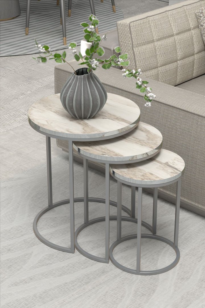 C 3-Piece Round Nesting Table Set - White Marble Effect