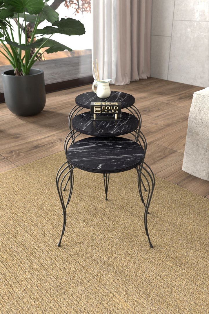 Lukens 3-Piece Round Nesting Table Set Metal Legs - Black Marble Effect