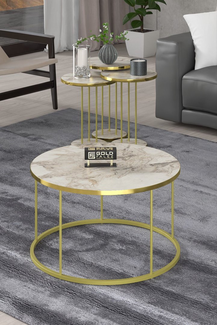 Terra Gold Round Coffee & Nesting Table Set - Gold White Marble