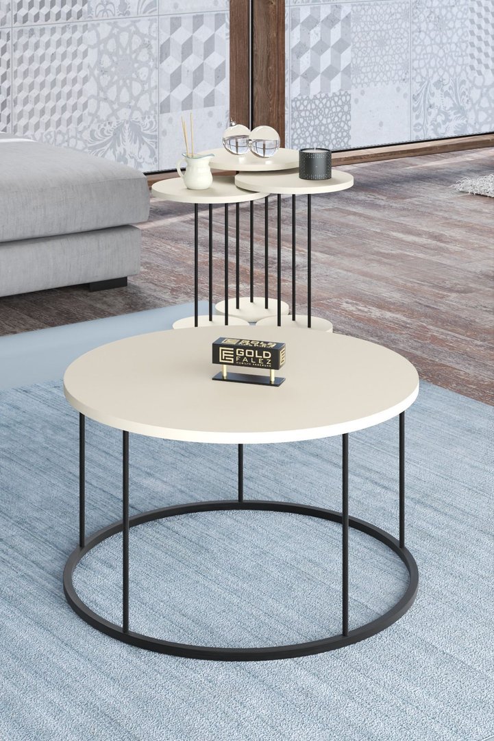 Terra Round Coffee & Nesting Table Set Black Metal Legs - Plain Cream