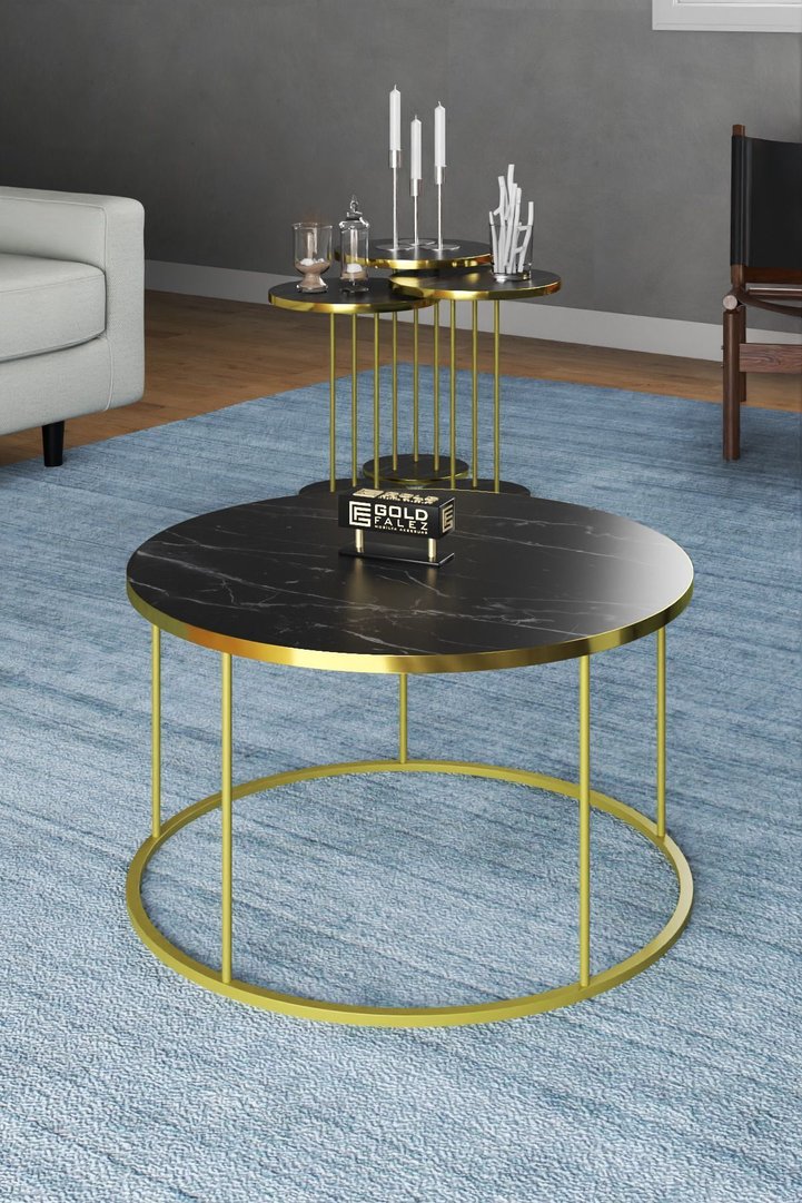 Terra Gold Round Coffee & Nesting Table Set - Black Marble