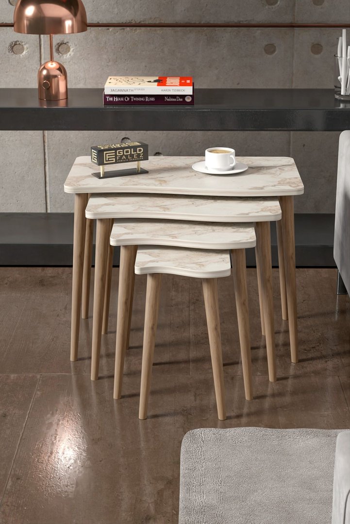 Turned Leg 4-Piece Square Nesting Table Set - White Marble Effect