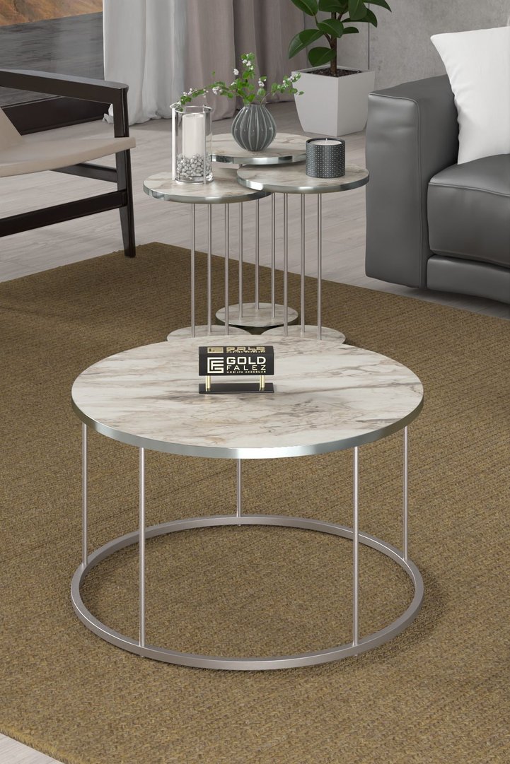Terra Gold Round Coffee & Nesting Table Set - Silver Efes