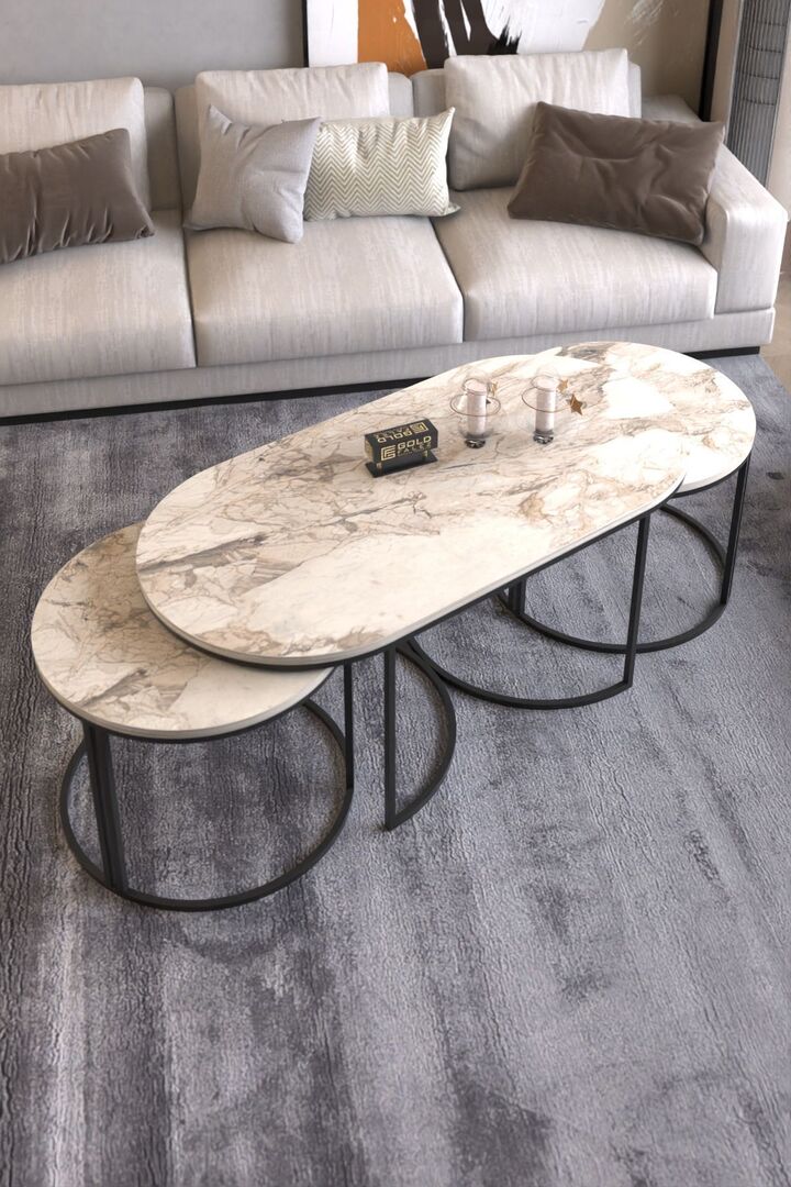 Dolunay Coffee & Side Table Set - White Marble Effect