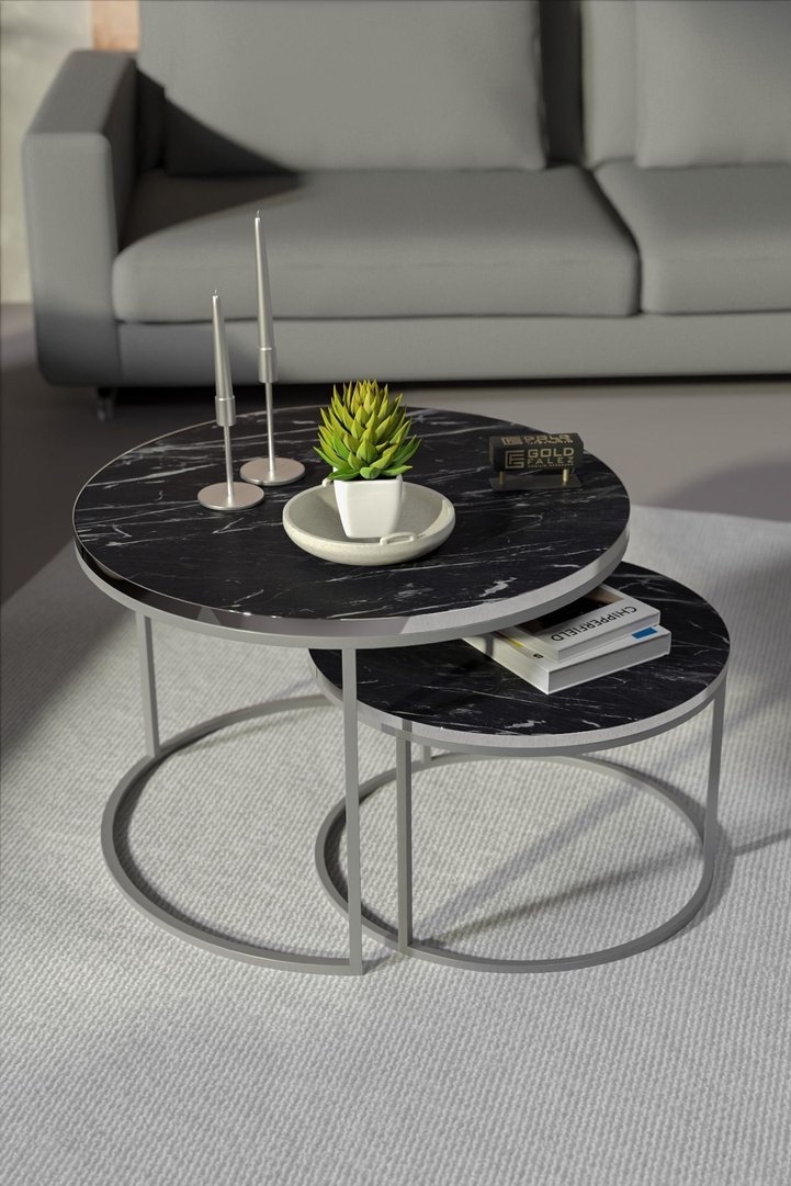 Special 2-Piece Round Coffee Table Set - Black Marble Effect