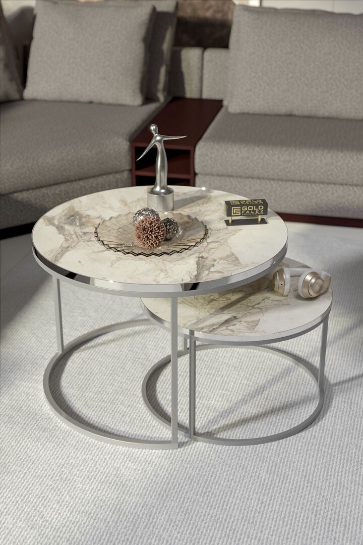 Special 2-Piece Round Coffee Table Set - White Marble Effect