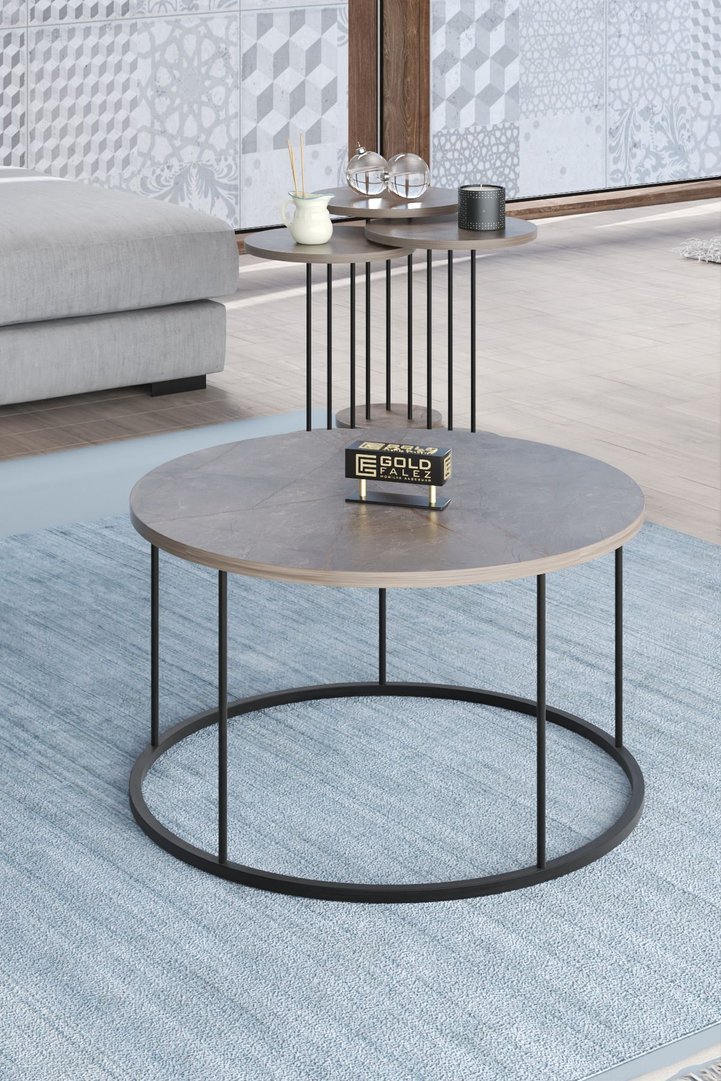 Terra Round Coffee & Nesting Table Set Black Metal Legs - Plain Gordion