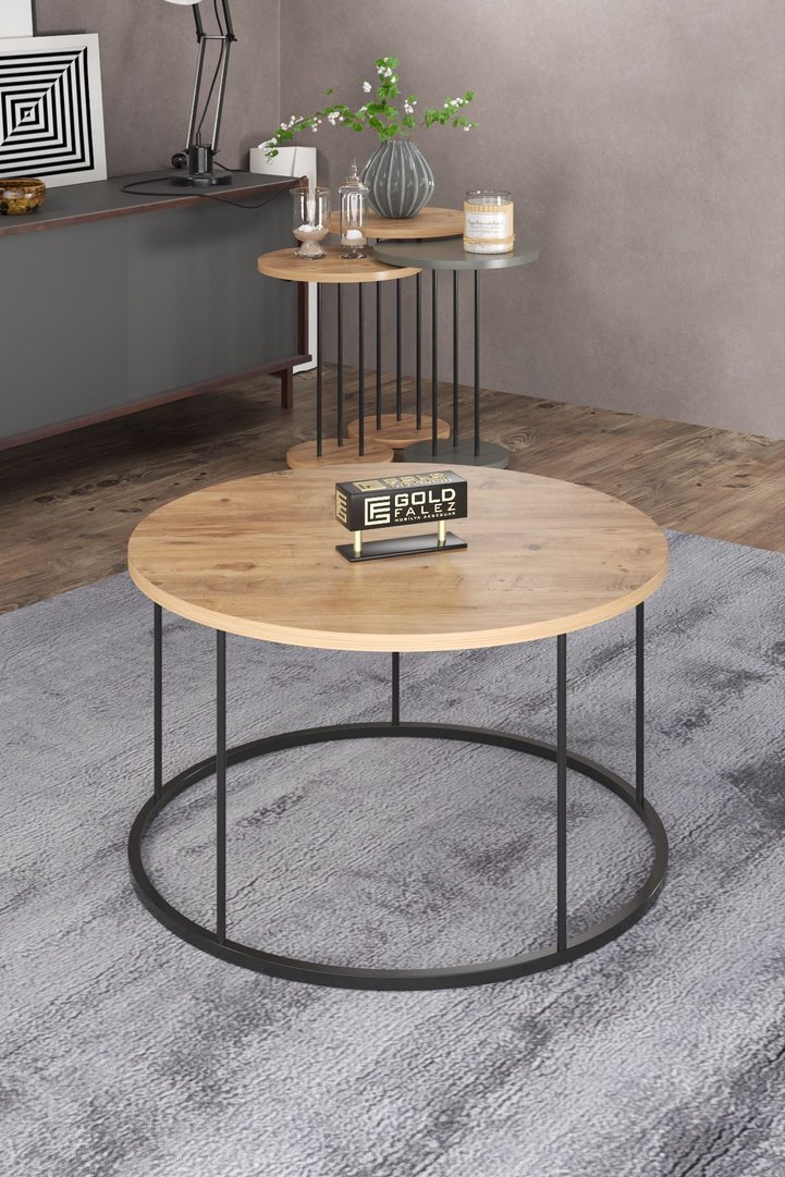 Terra Round Coffee & Nesting Table Set Black Metal Legs - Anthracite Walnut