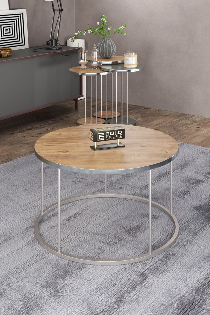 Terra Gold Round Coffee & Nesting Table Set - Silver Walnut Anthracite