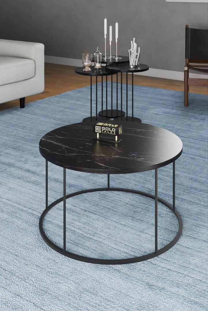Terra Round Coffee & Nesting Table Set Black Metal Legs - Bendir