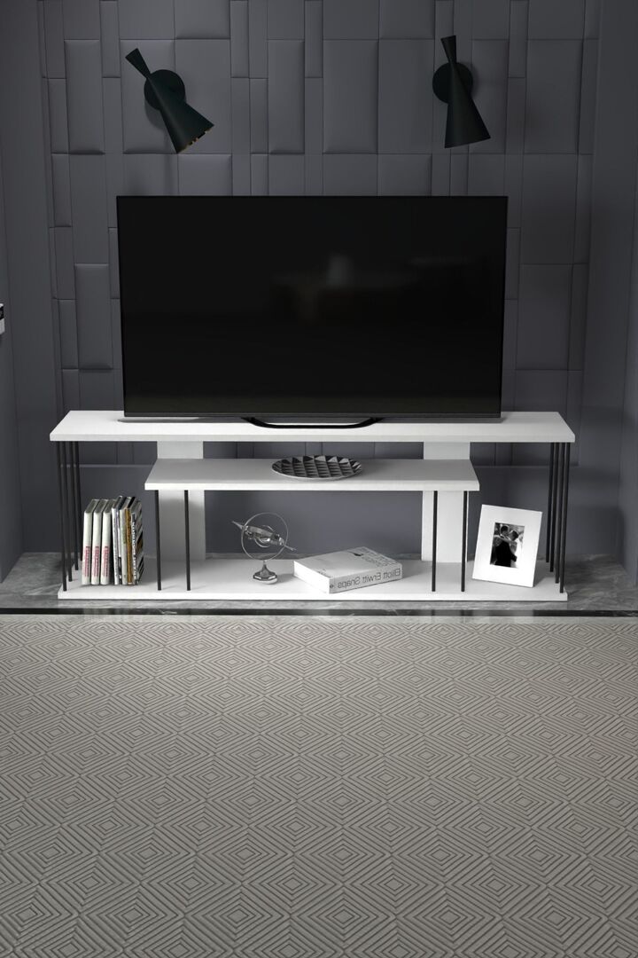 TV Stand with Shelves - White