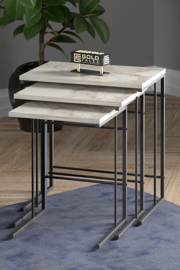 Solo 3-Piece Square Nesting Table Set - White Marble Effect
