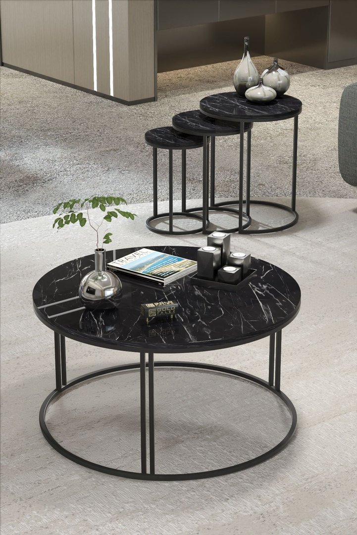 C Coffee & Nesting Table Combination Set - Black Marble Effect
