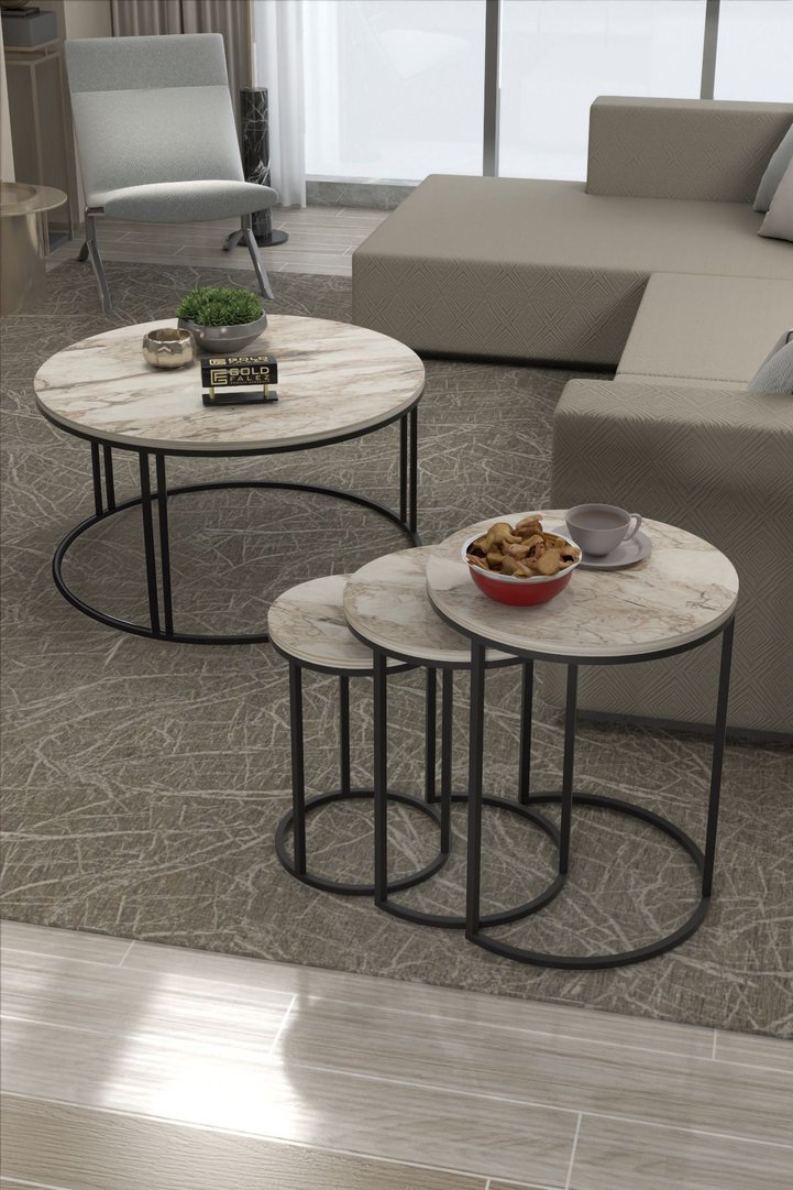 C Coffee & Nesting Table Combination Set - White Marble Effect