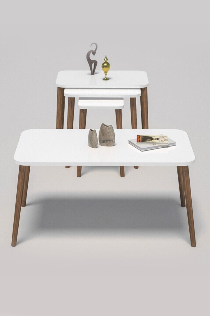 Rectangular Coffee & Nesting Table Set Turned Wooden Legs - White
