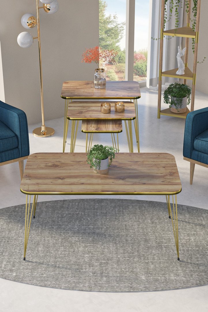 Square 4-Piece Table Set Gold Wire Legs - Walnut