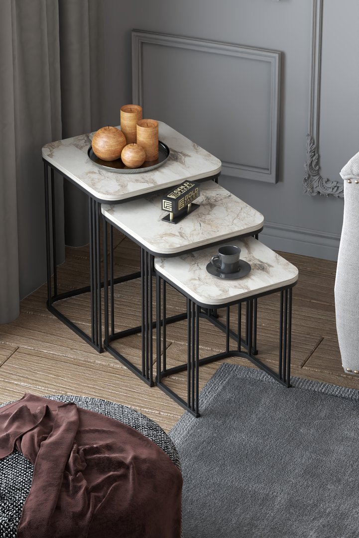 Alize 3-Piece Nesting Table Set Melamine-faced Chipboard White Marble-effect