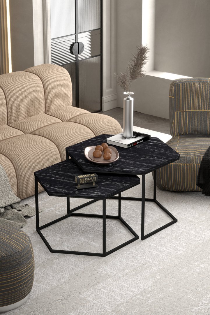 Hexagonal 2-Piece Coffee Table Melamine-faced Chipboard Black