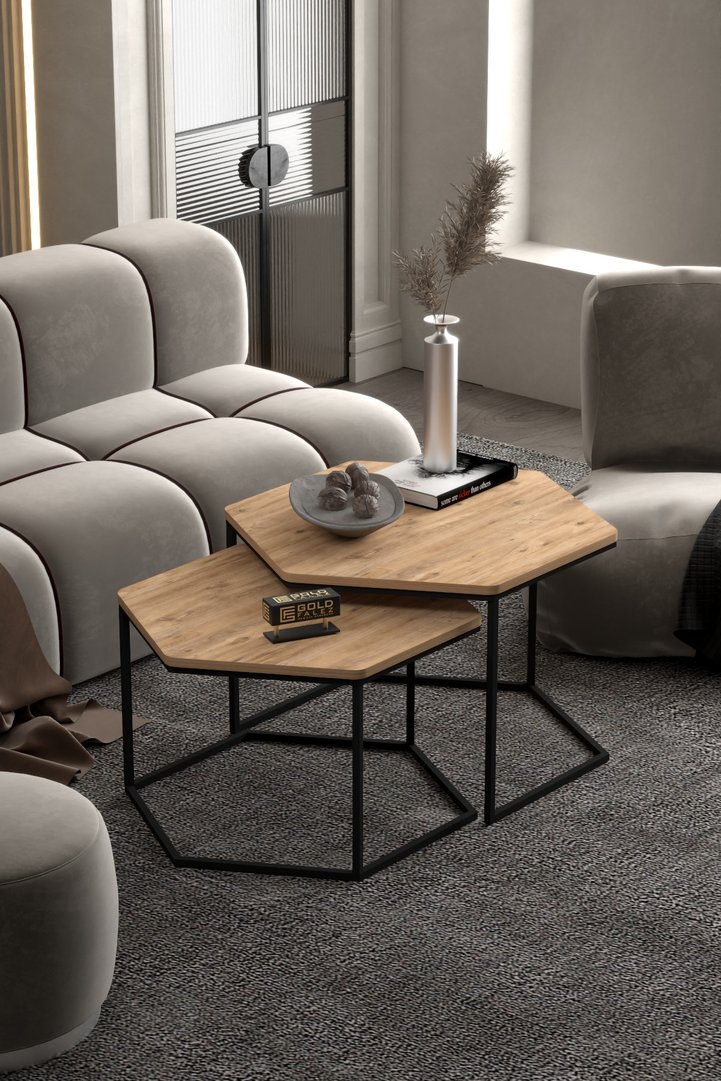 Hexagonal 2-Piece Coffee Table Melamine-faced Chipboard Brown