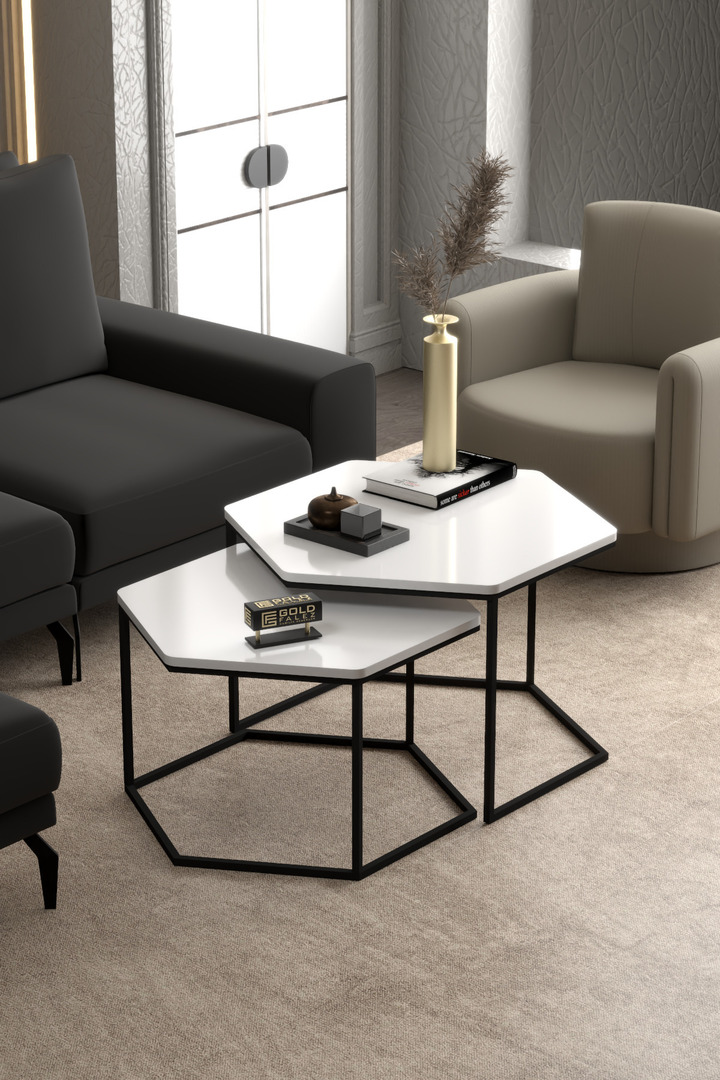 Hexagonal 2-Piece Coffee Table Melamine-faced Chipboard White