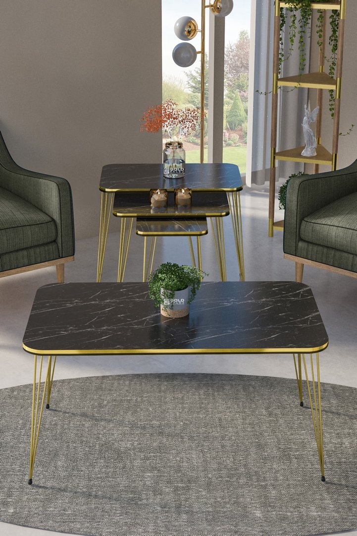 Square 4-Piece Table Set Gold Wire Legs - Black Marble Effect
