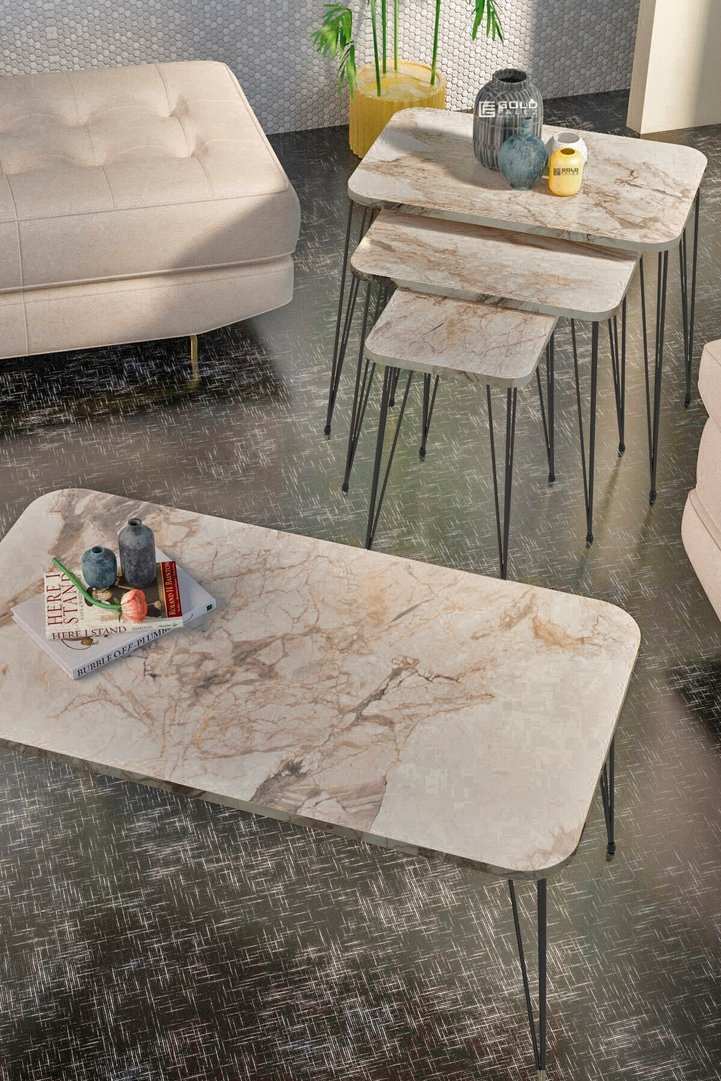 Black Wire Leg Square-Top 4-Piece Table Set - White Marble Effect