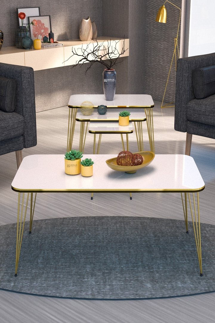 Square 4-Piece Table Set Gold Wire Legs - White