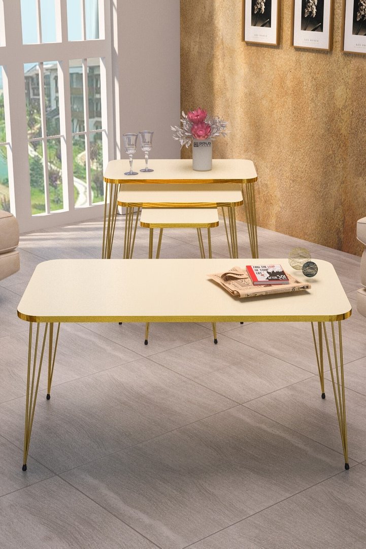Rectangular 4-Piece Table Set Gold Wire Legs - Cream