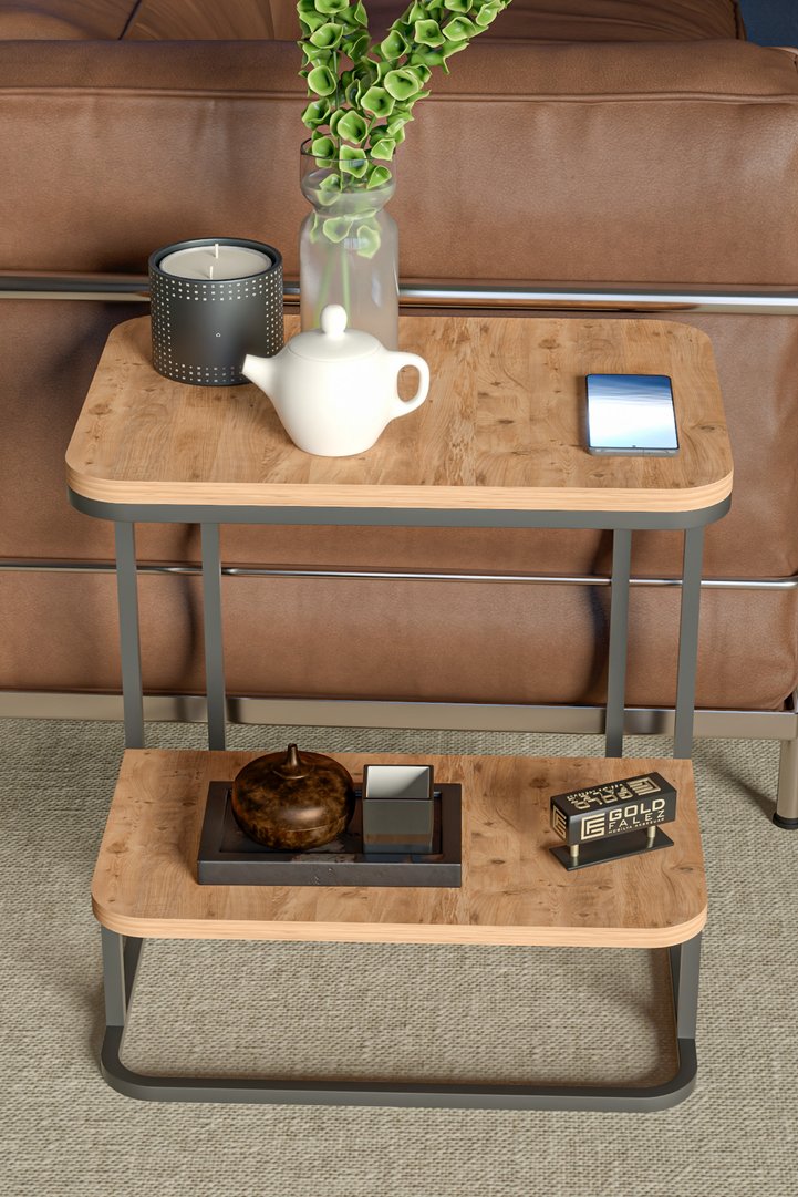 Double Metal Leg Rectangular Side Table - Brown