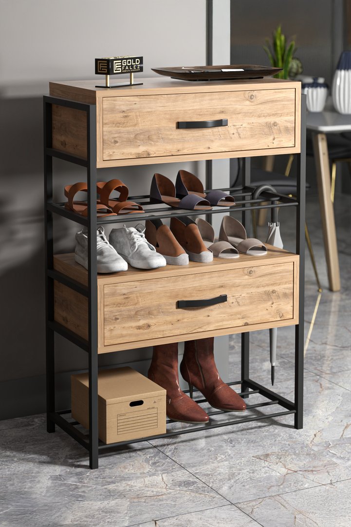 2-Door Wooden Shoe Cabinet Metal Frame - Brown