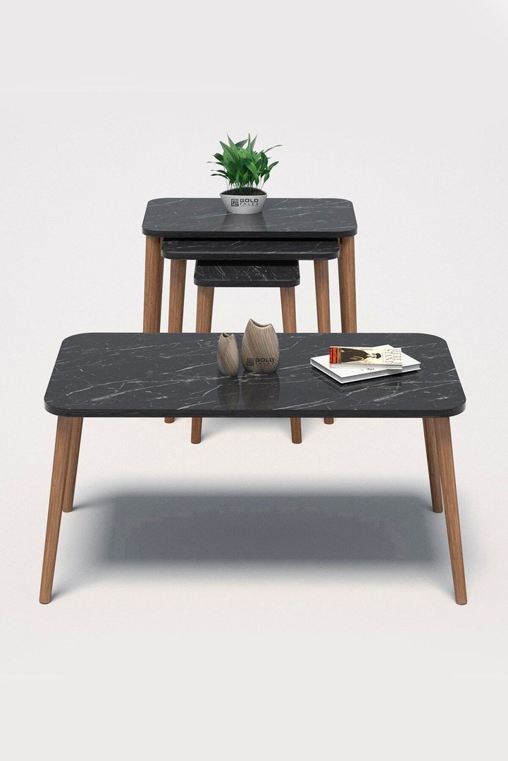 Rectangular Coffee & Nesting Table Set Turned Wooden Legs - Black Marble Effect