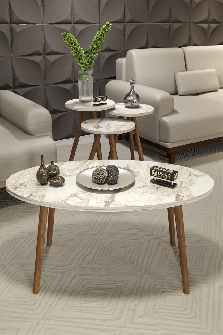Turned Wooden Leg Oval Coffee & Nesting Table Set - Beige