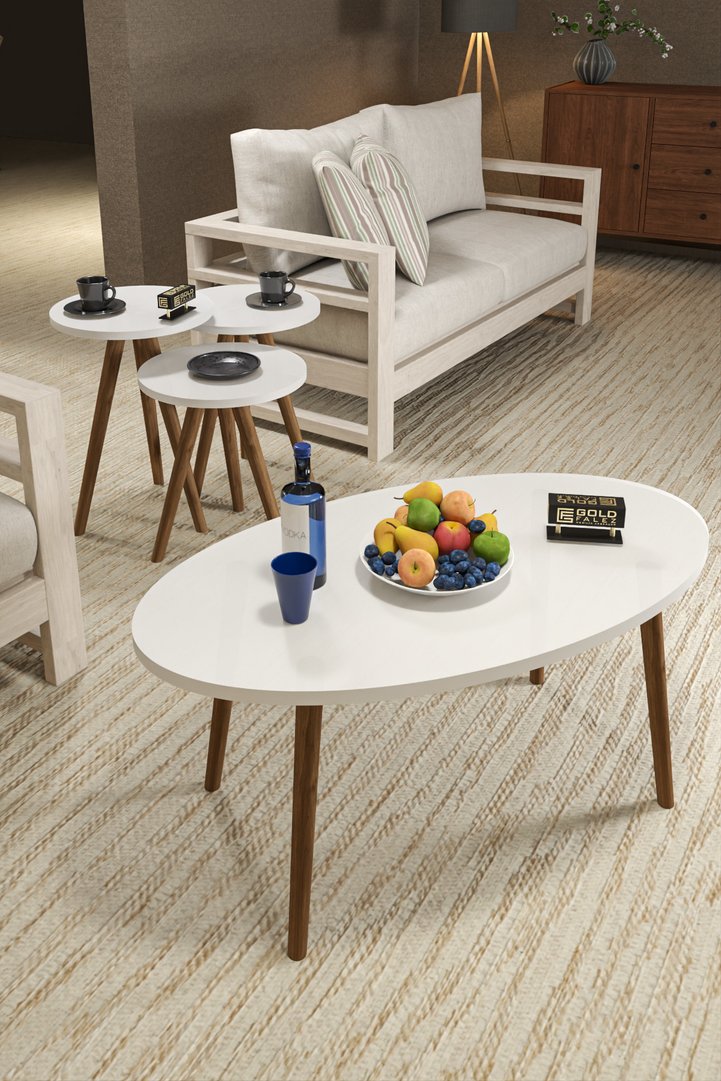 Turned Wooden Leg Oval Coffee & Nesting Table Set - White