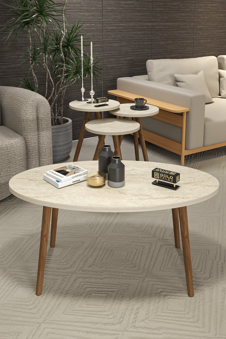 Turned Wooden Leg Oval Coffee & Nesting Table Set - Multicolour