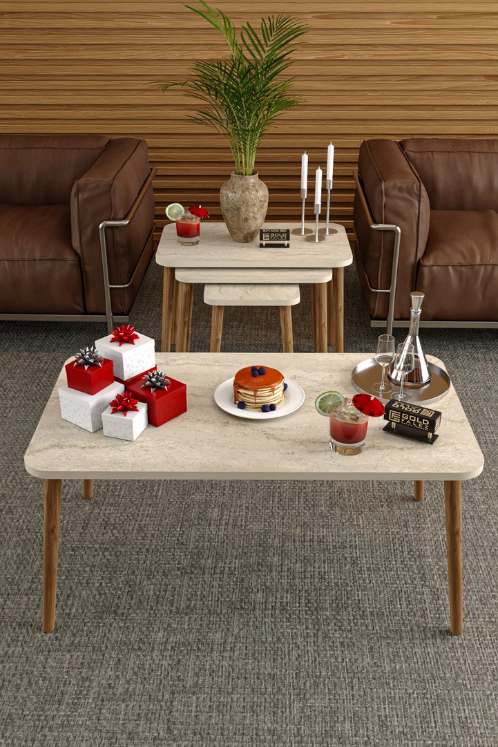 Turned Coffee Table and Nesting Table Set Melamine-faced Chipboard Beige