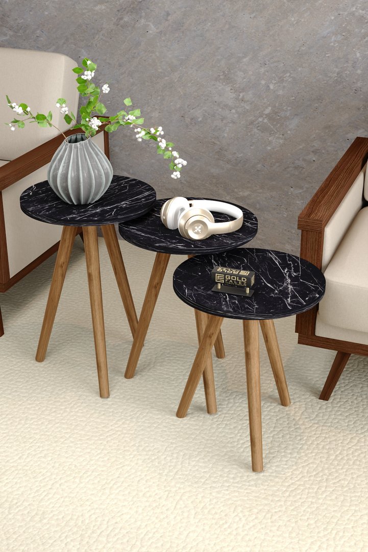3-Piece Round Nesting Table Set Turned Wooden Legs - Pattern