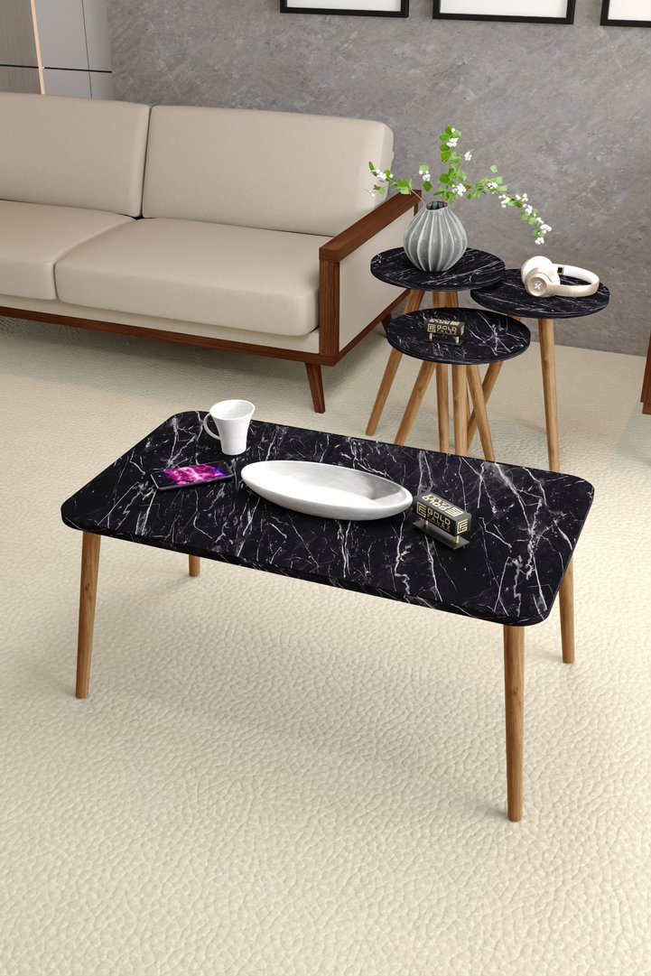 Square Coffee & Nesting Table Set Turned Wooden Legs - Black