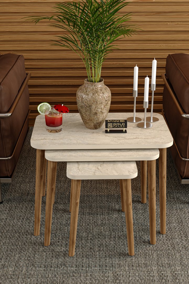 3-Piece Rectangular Nesting Table Set Turned Wooden Legs - Beige