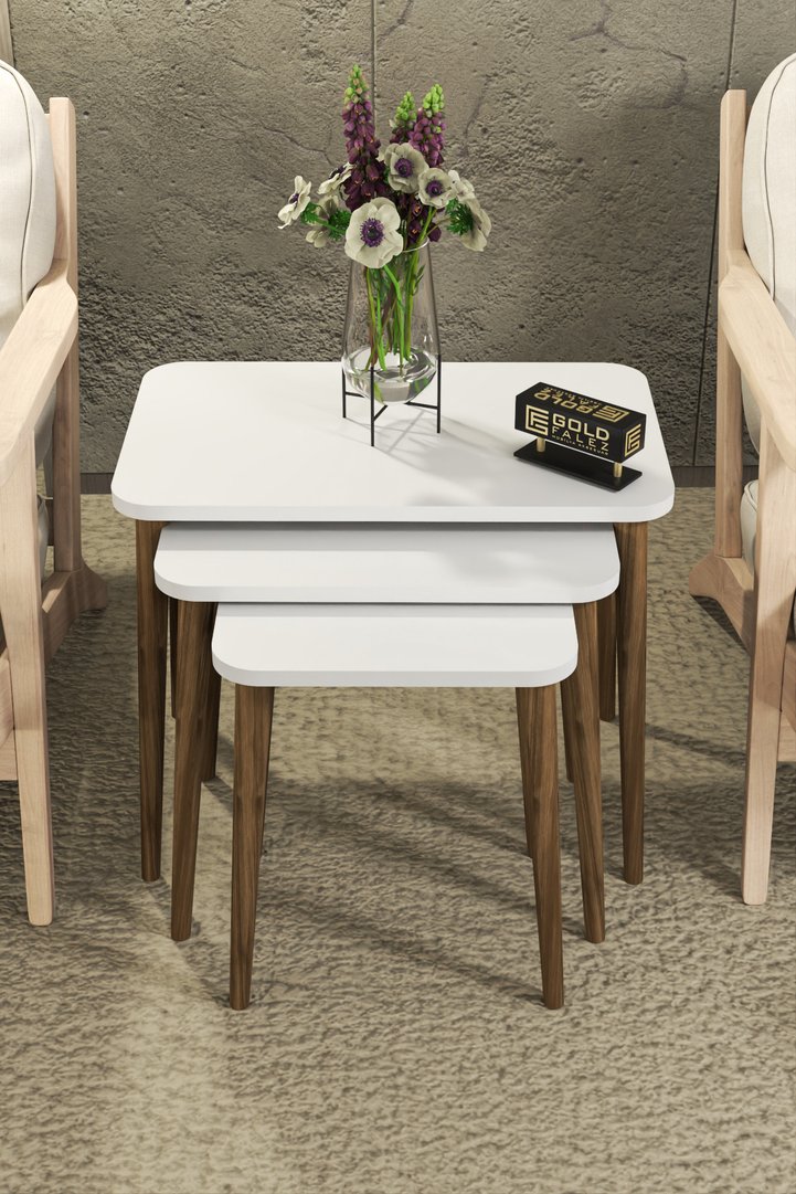3-Piece Rectangular Nesting Table Set Turned Wooden Legs - White