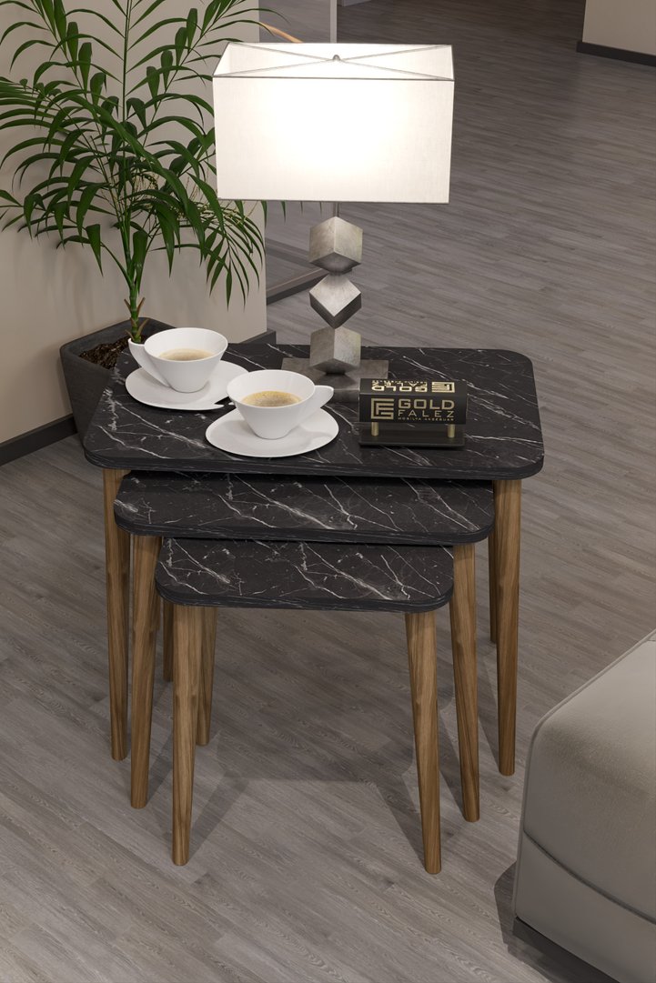 3-Piece Rectangular Nesting Table Set Turned Wooden Legs - Black Marble Effect