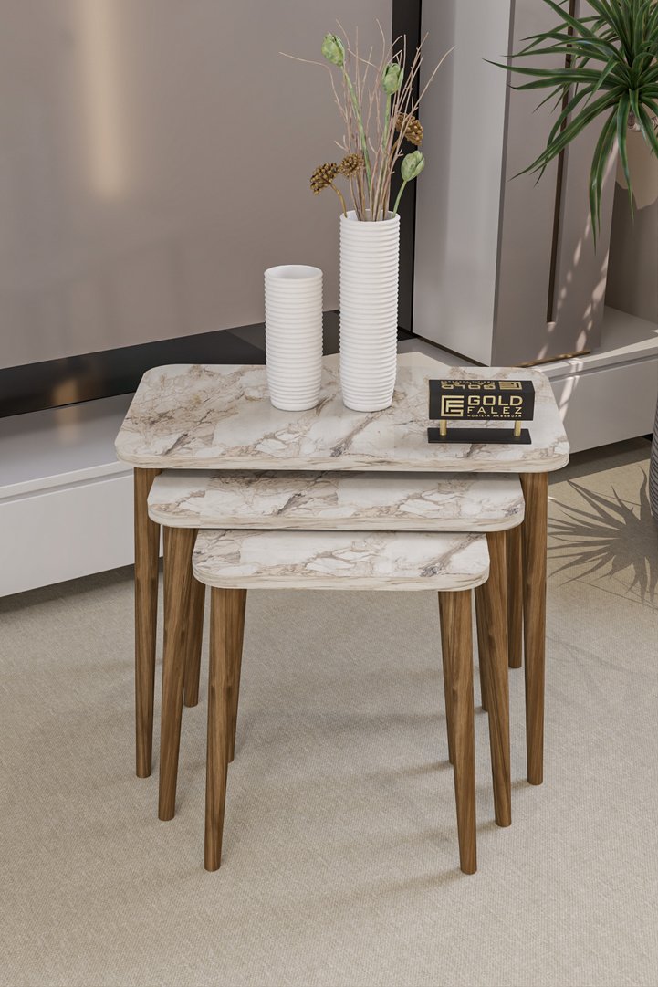3-Piece Rectangular Nesting Table Set Turned Wooden Legs - White Marble Effect
