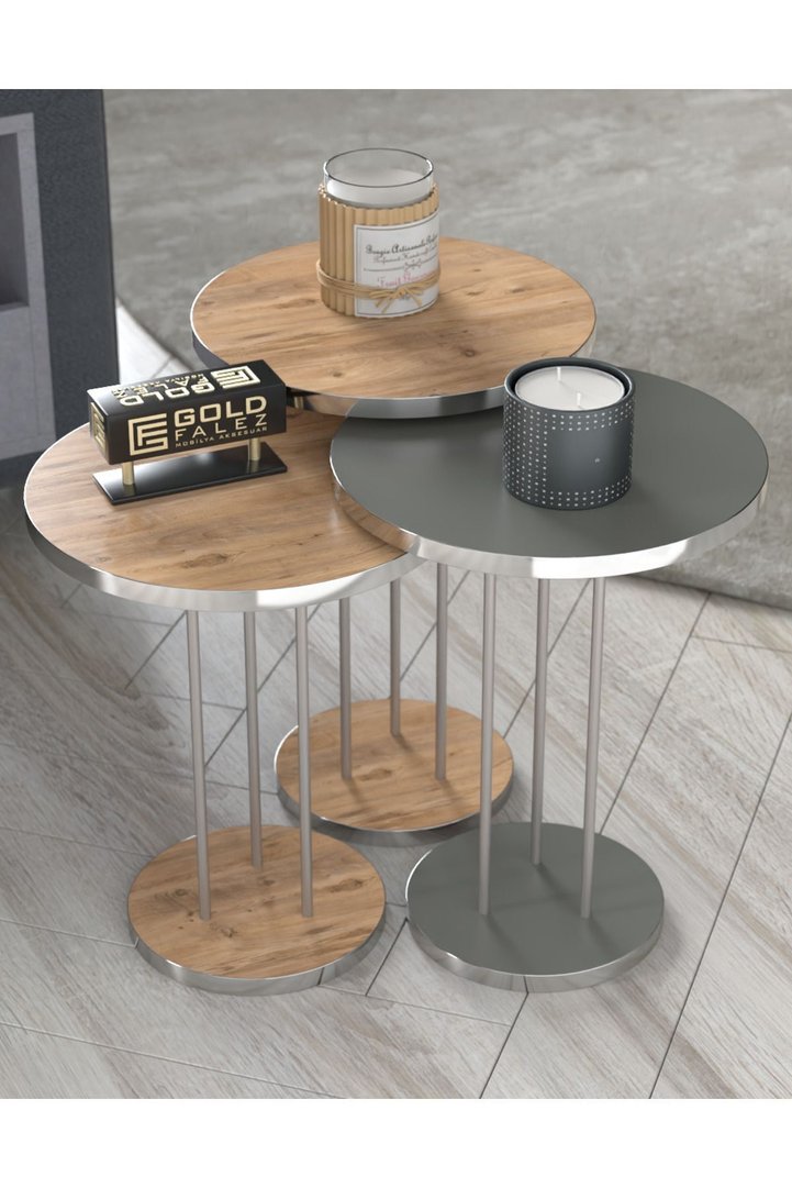 Round Nesting Table Set Metal Legs - Gordion Silver Walnut