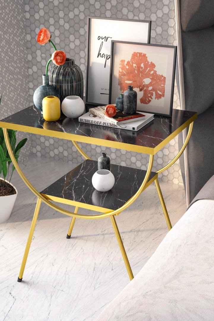 Arc Metal Leg Rectangular Side Table - Black Marble Effect