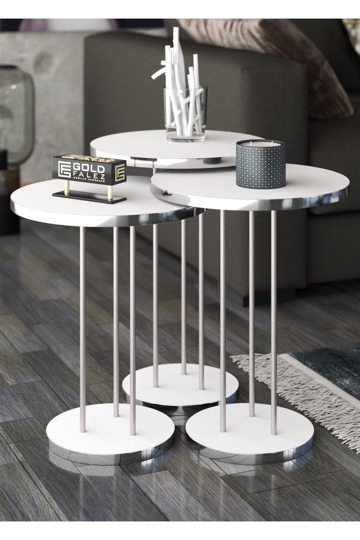 Round Nesting Table Set Metal Legs - Silver White