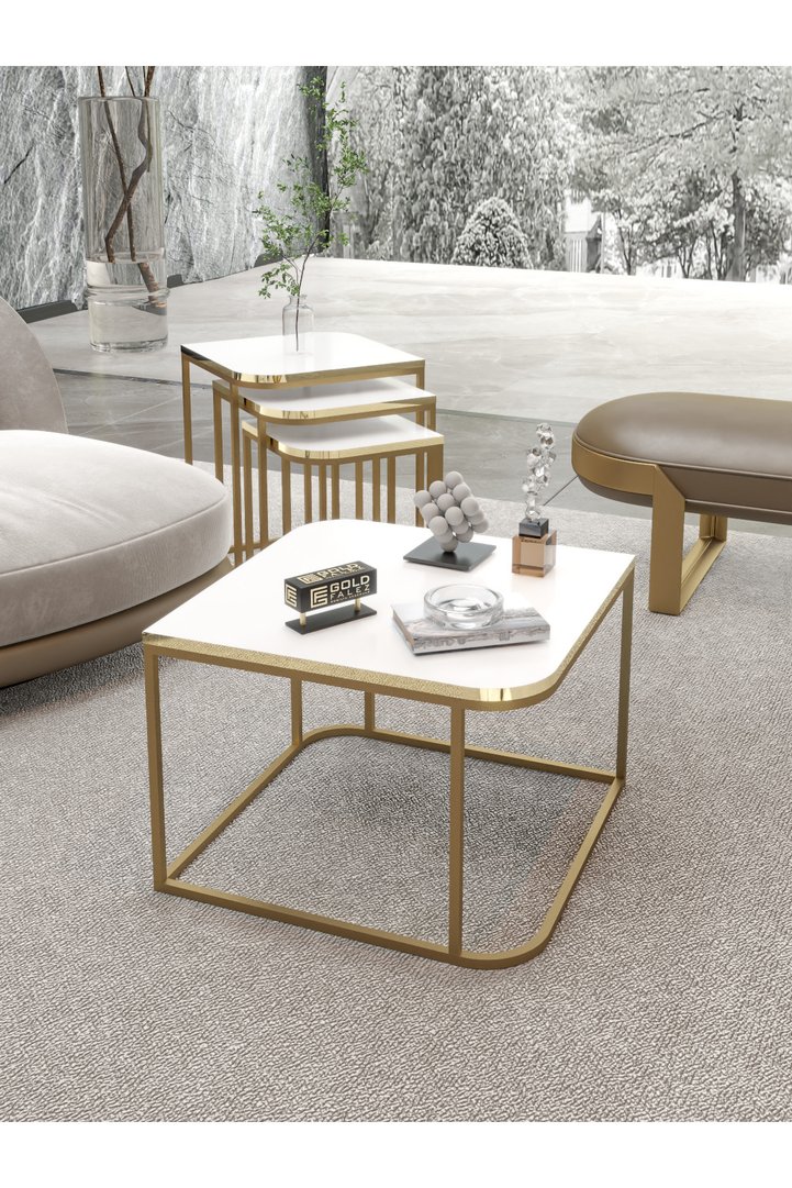 Damla Coffee Table and Nesting Table Set Melamine-faced chipboard White Gold