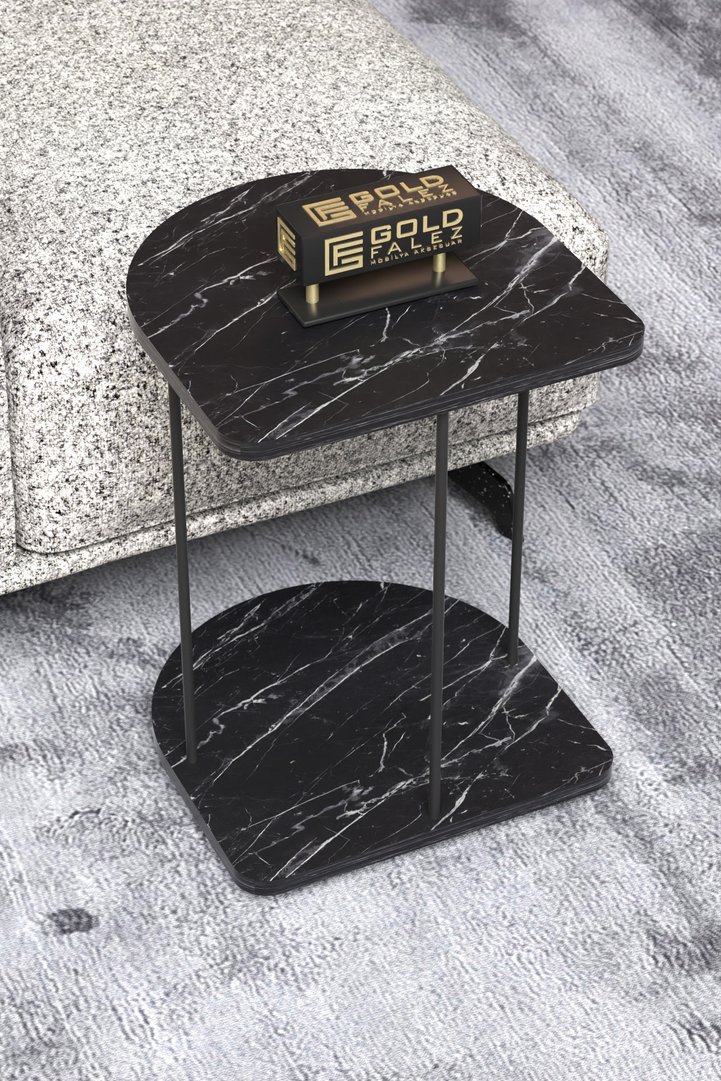 Oval Rolling Side Table - Black Marble Effect