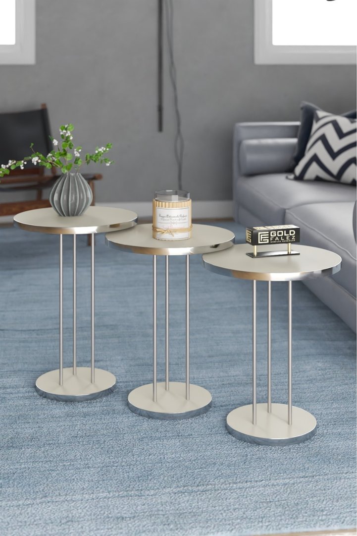 Round Nesting Table Set Metal Legs - Silver Cream