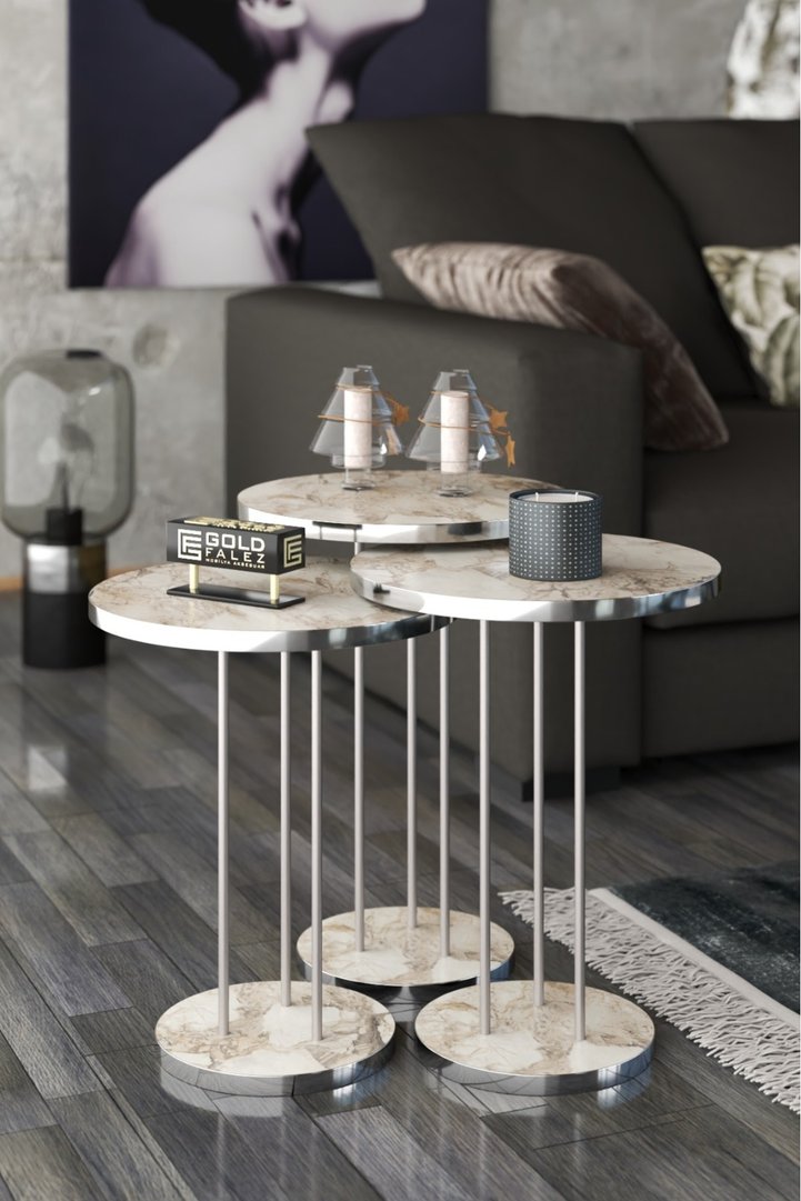 Round Nesting Table Set Metal Legs - Silver Efes