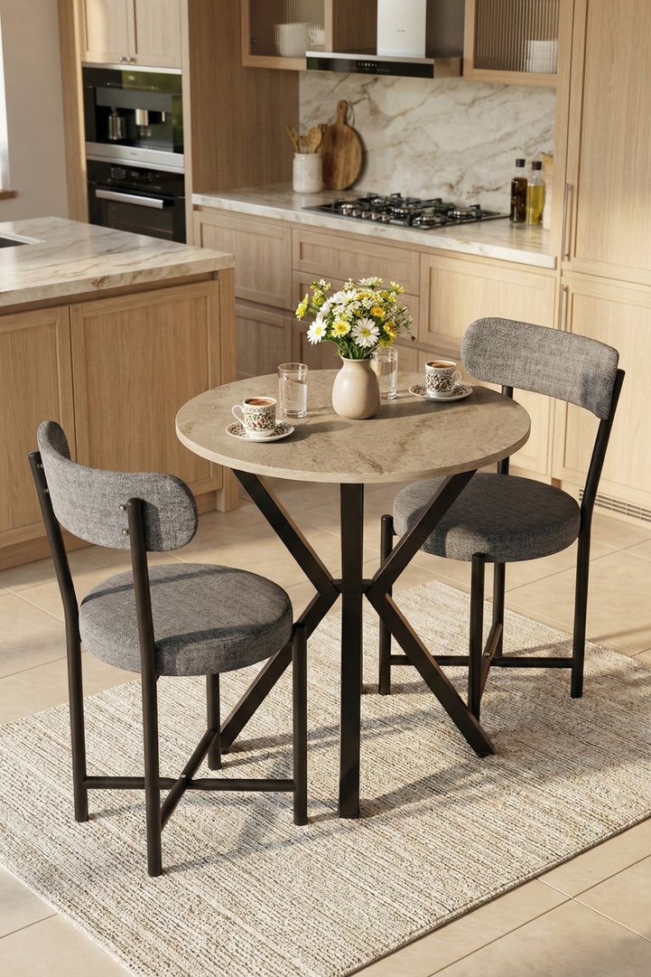Teddy 9842 Kitchen Table Set, 70 cm Diameter, 2 Chairs, Travertine-Look, for Balcony, Garden, Cafe, Grey